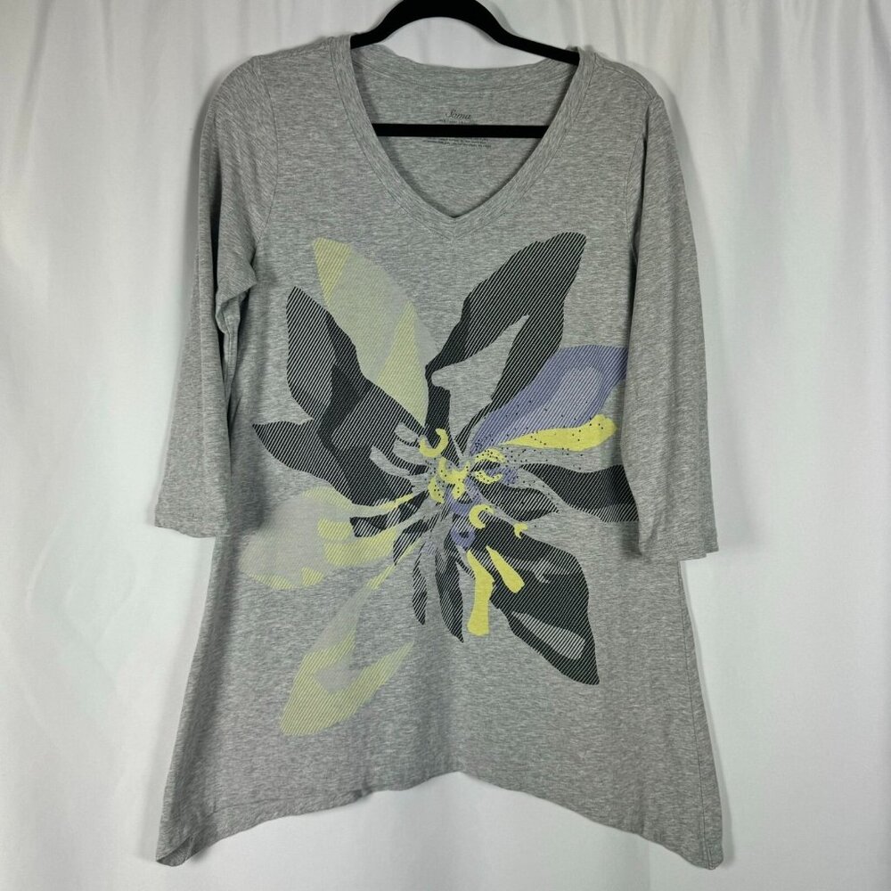 Soma Heather Grey Sharkbite Hem Tunic Top Flower Graphic Rhinestones S
